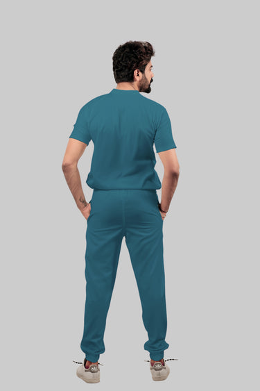 Stretchable (4Way) Male Peacock Blue Mandarin Neck with Jogger Scrub Set