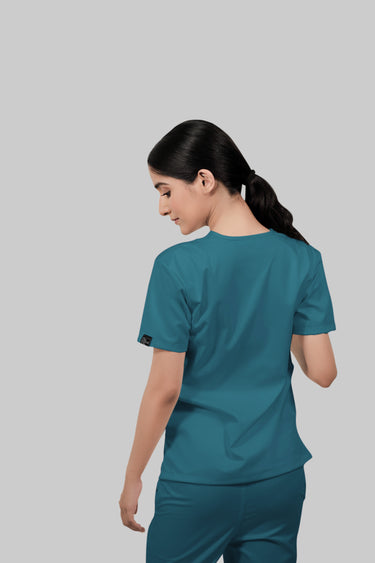 Stretchable (4way) Female Peacock Blue V-Neck With Straight Pant Scrub Set