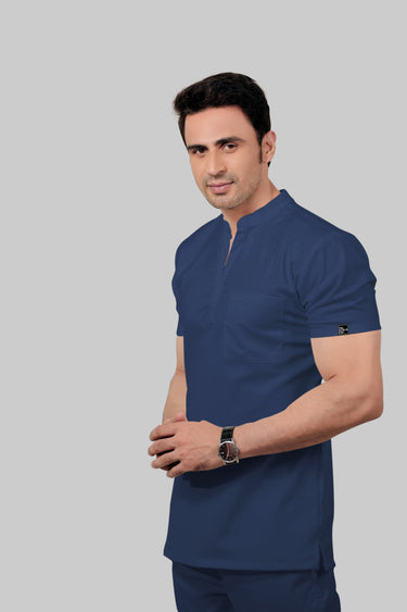 Stretchable (2Way) Male Navy Blue Mandarin Neck With Straight Pant Scrub Set