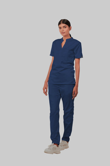 Stretchable (2Way) Female Navy Blue Mandarin Neck With Straight Pant Scrub Set