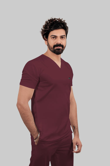 Stretchable (4Way) Male Burgundy V-Neck With Jogger Scrub Set