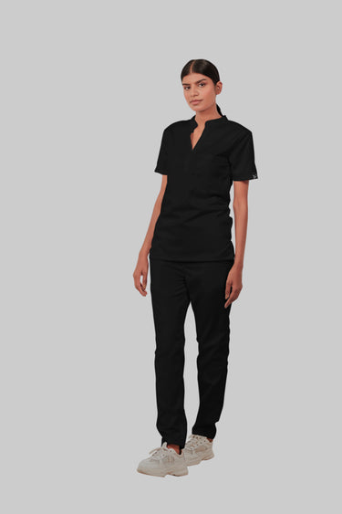 Stretchable (2Way) Female Black Mandarin Neck With Straight Pant Scrub Set