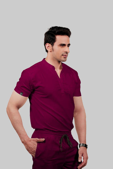 Stretchable (2Way) Male Wine Mandarin Neck With Straight Pant Scrub Set