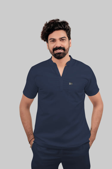 Stretchable (4Way) Male Mandarin Neck Navy Blue Scrub Top