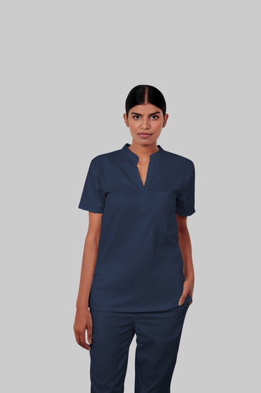 Stretchable (4way) Female Navy Blue Mandarin Neck With Jogger Scrub Set