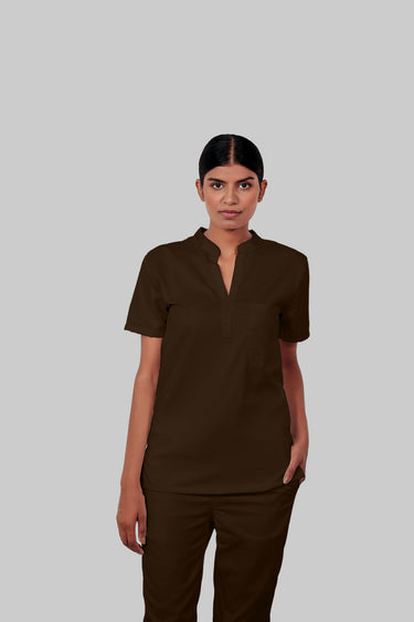 Stretchable (4Way) Female Brown Mandarin Neck With Straight Pant Scrub Set