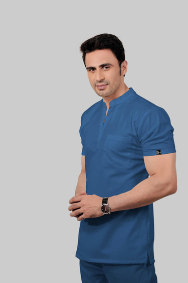 Stretchable (2Way) Male Steel Blue Mandarin Neck With Straight Pant Scrub Set