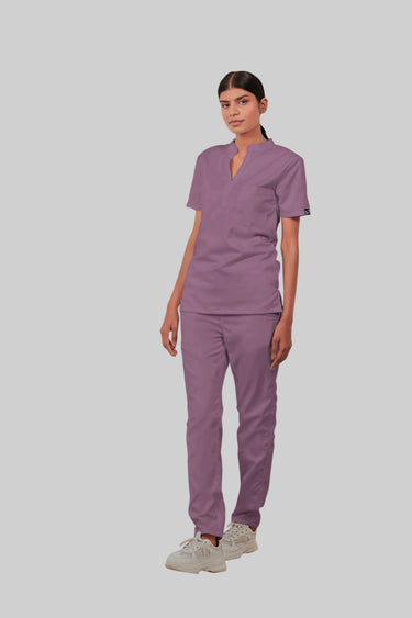 Stretchable (2Way) Female Lilac Mandarin Neck With Straight Pant Scrub Set
