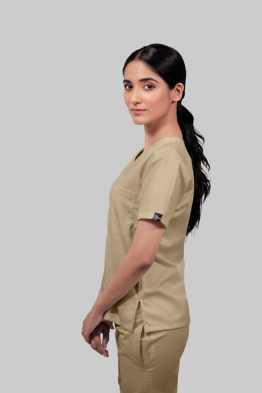 Stretchable (4Way) Female Beige V-Neck Scrub Top