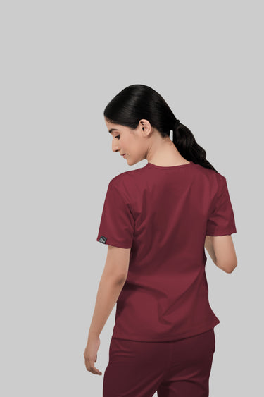 Stretchable (2Way) Female Maroon V-Neck With Straight Pant Scrub Set