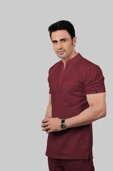 Stretchable (2Way) Male Maroon Mandarin Neck With Straight Pant Scrub Set