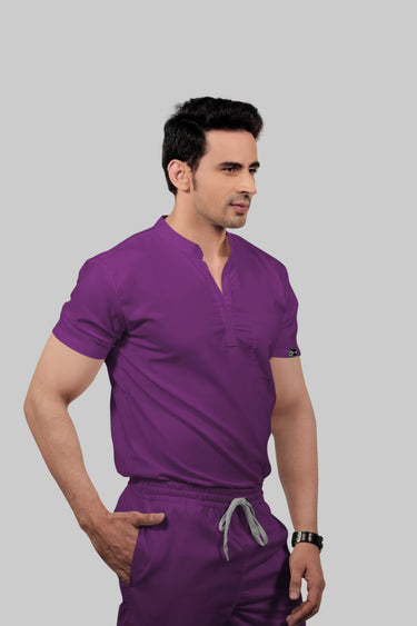 Stretchable (2Way) Male Purple Mandarin Neck With Straight Pant Scrub Set