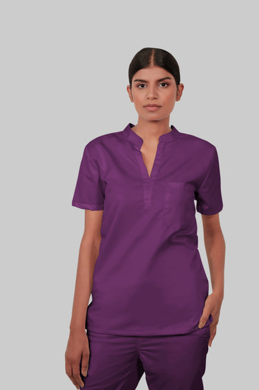 Stretchable (2Way) Female Purple Mandarin Neck With Straight Pant Scrub Set