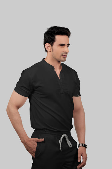Stretchable (2Way) Male Black Mandarin Neck With Straight Pant Scrub Set