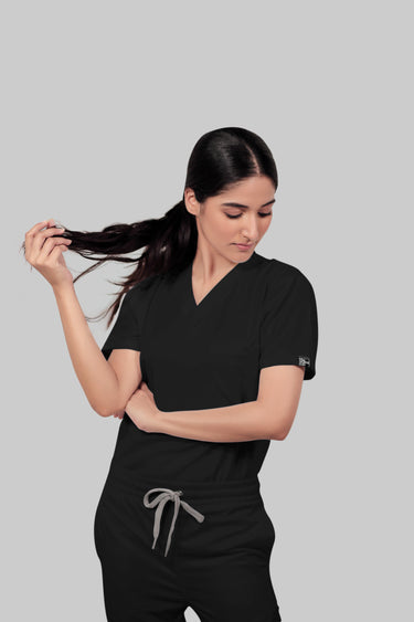Stretchable (4Way) Female Black V-Neck With Straight Pant Scrub Set