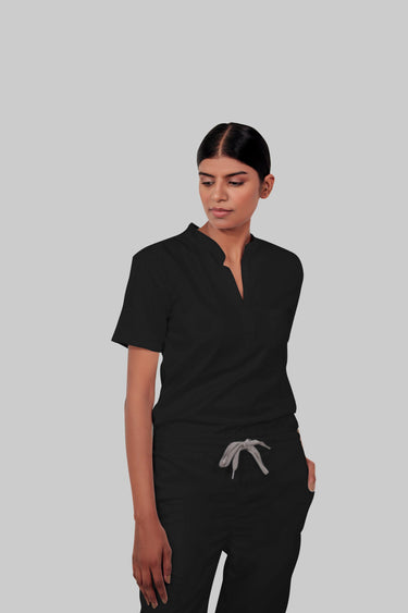 Stretchable (4Way) Female Black Mandarin Neck With Jogger Scrub Set