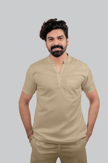 Stretchable (4Way) Male Beige Mandarin Neck with Jogger Scrub Set