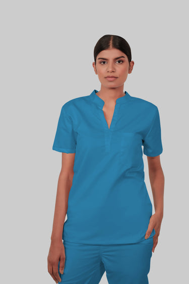 Stretchable (2Way) Female Peacock Blue Mandarin Neck With Jogger Scrub Set