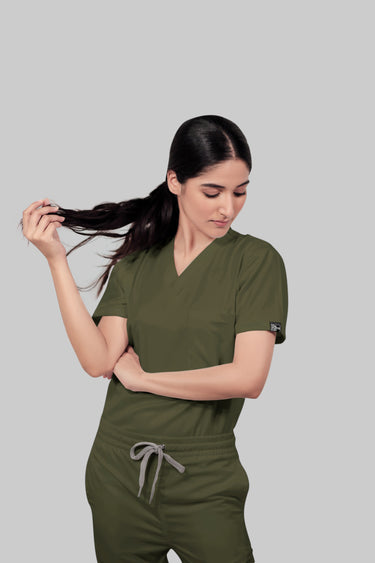 Stretchable (4Way) Female Olive Green V-Neck With Straight Pant Scrub Set