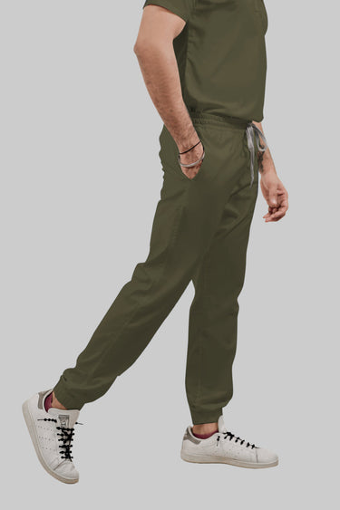 Stretchable (4Way) Female Olive Green Mandarin Neck With Jogger Scrub Set