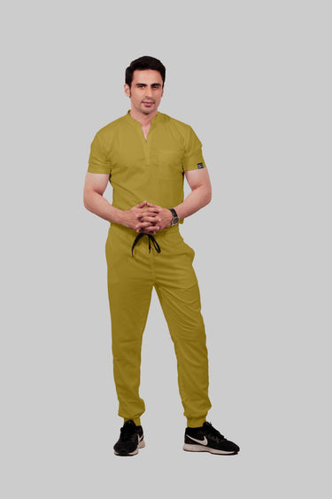 Stretchable (2Way) Male Mustard Mandarin Neck With Jogger Scrub Set