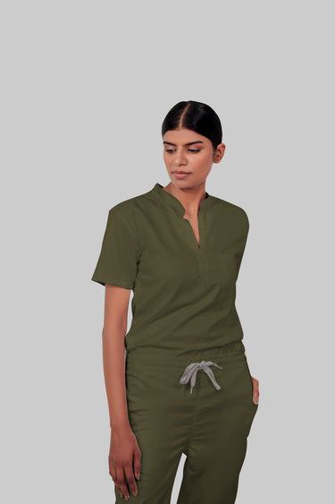 Stretchable (4Way) Female Olive Green Mandarin Neck With Jogger Scrub Set