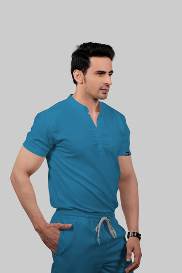 Stretchable (2Way) Male Peacock Blue Mandarin Neck With Straight Pant Scrub Set