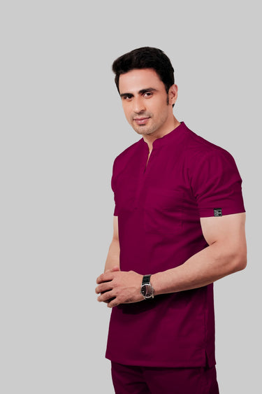 Stretchable (2Way) Male Wine Mandarin Neck With Straight Pant Scrub Set