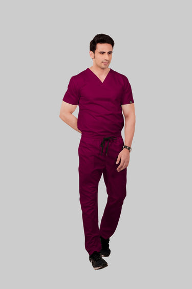 Stretchable (2Way) Male Wine V-Neck With Straight Pant Scrub Set