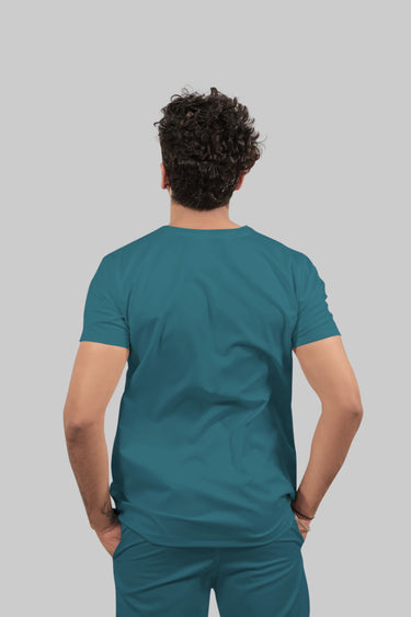 Stretchable (4Way) Male Peacock Blue V-Neck With Straight Pant Scrub Set