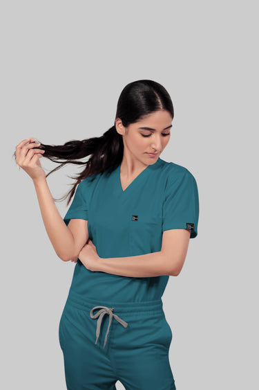 Stretchable (4way) Female Peacock Blue V-Neck With Straight Pant Scrub Set