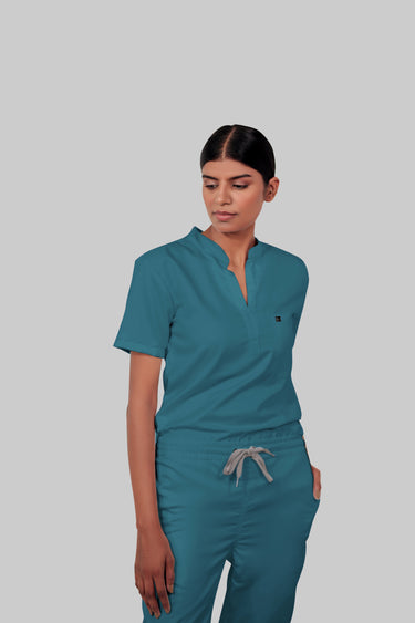 Stretchable (4Way) Female Peacock Blue Mandarin Neck With Straight Pant Scrub Set