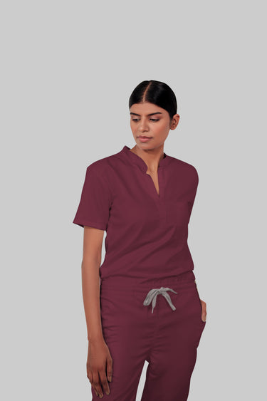 Stretchable (4Way) Female Burgundy Mandarin Neck With Straight Pant Scrub Scrub Set