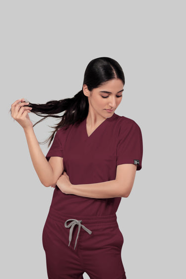 Stretchable (4Way) Female Burgundy V-Neck With Straight Pant Scrub Set