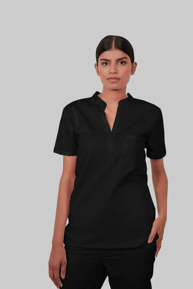 Stretchable (2Way) Female Black Mandarin Neck With Jogger Scrub Set