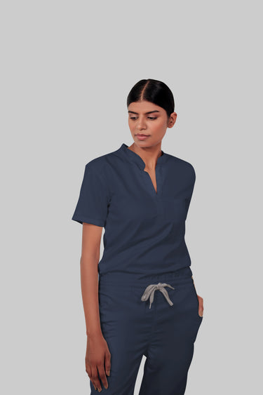 Stretchable (4Way) Female Navy Blue Mandarin Neck With Straight Pant Scrub Set