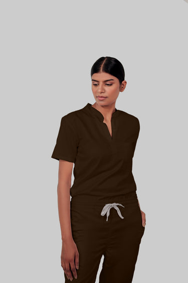 Stretchable (4Way) Female Brown Mandarin Neck With Jogger Scrub Set