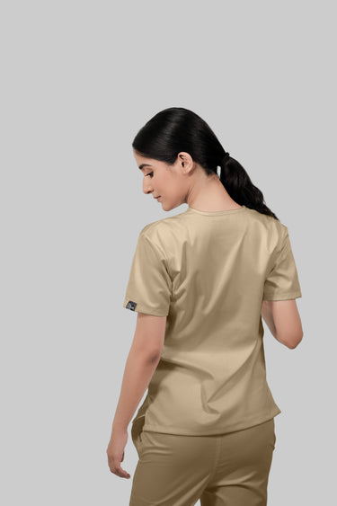 Stretchable (4Way) Female Beige V-Neck Scrub Top
