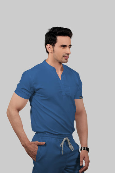 Stretchable (2Way) Male Steel Blue Mandarin Neck With Straight Pant Scrub Set