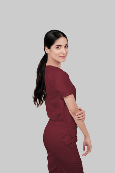Stretchable (2Way) Female Maroon V-Neck Scrub Top