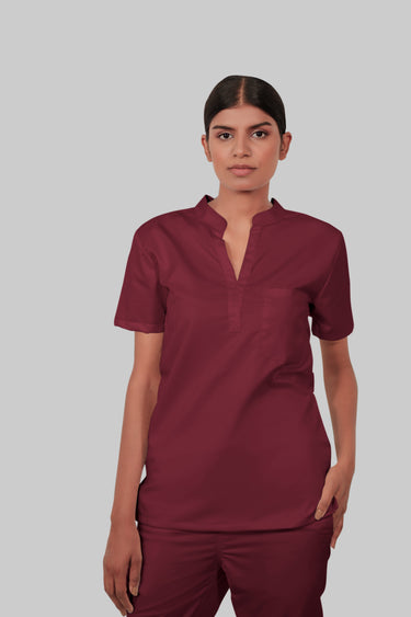 Stretchable (2Way) Female Maroon Mandarin Neck Scrub Top