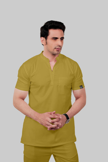 Stretchable (2Way) Male Mustard Mandarin Neck With Straight Pant Scrub Set