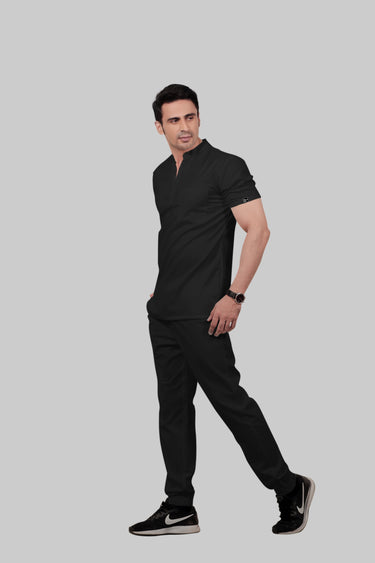 Stretchable (2Way) Male Black Mandarin Neck With Jogger Scrub Set