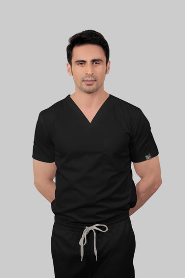 Stretchable (2Way) Male Black V-Neck With Straight Pant Scrub Set