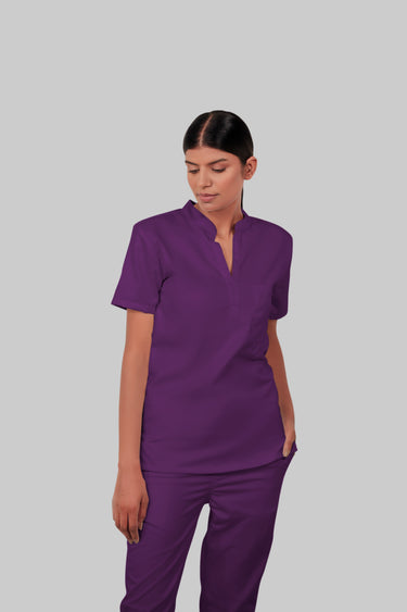 Stretchable (2Way) Female Purple Mandarin Neck With Straight Pant Scrub Set