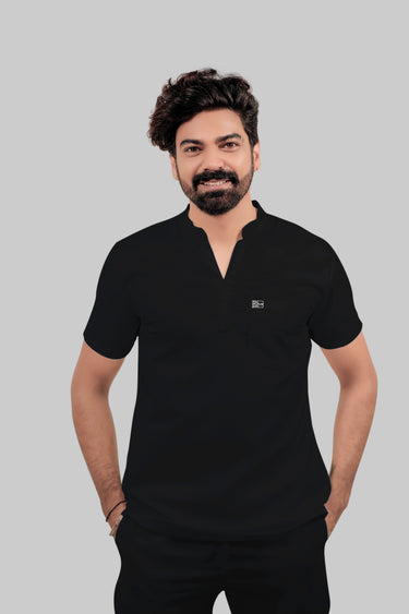 Stretchable (4Way) Male Black Mandarin Neck with Jogger Scrub Set