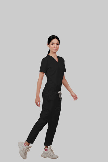Stretchable (4Way) Female Black V-Neck With Straight Pant Scrub Set