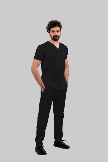 Stretchable (4Way) Male Black V-Neck With Straight Pant Scrub Set