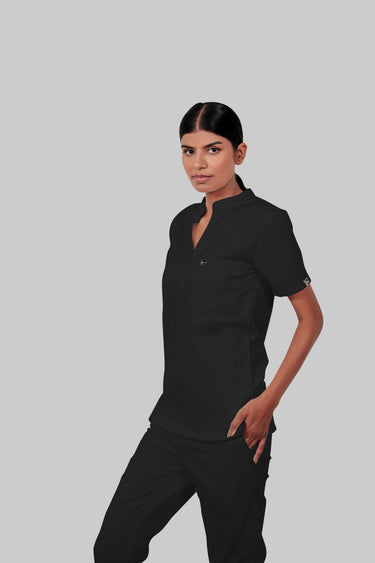 Stretchable (4Way) Female Black Mandarin Neck Scrub Top