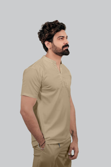 Stretchable (4Way) Male Beige Mandarin Neck Scrub Top